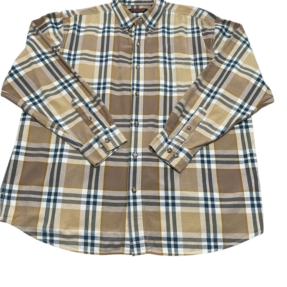 Ridgecut Toughwear‎ Mens XL Plaid Button Down Shirt Tan Brown Long Sleeve